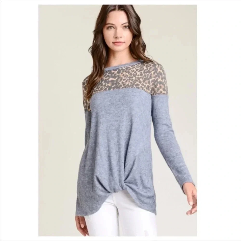 Leopard Contrast Blue Long Sleeve Top | Soft Twist Hem Knit